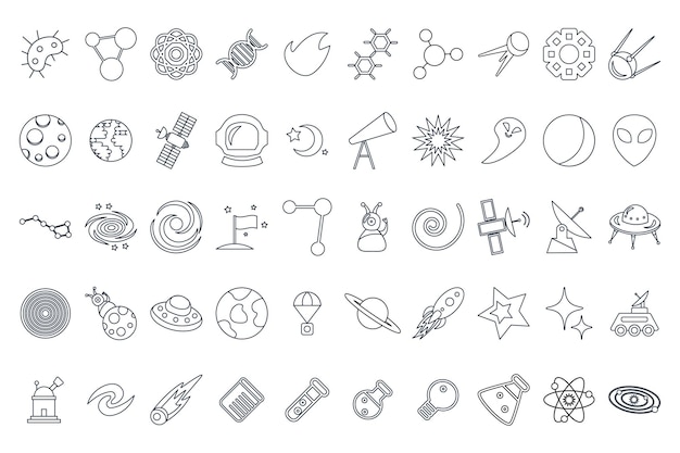 Iconos del cosmos y la ciencia en estilo de dibujos animados