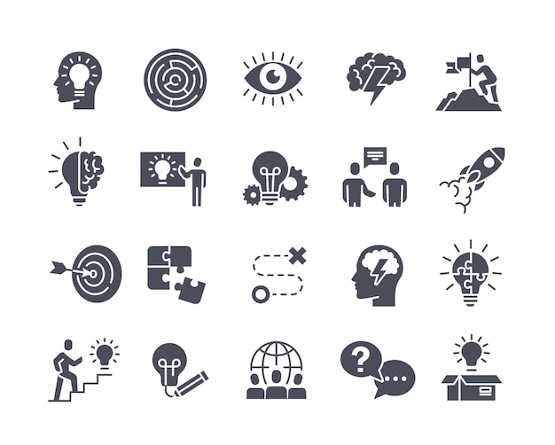Iconos de creatividad concepto negro Silueta de cabeza con bombilla y relámpago trabajo en equipo Elemento gráfico para sitio web Colección de vectores planos de dibujos animados aislados en fondo blanco