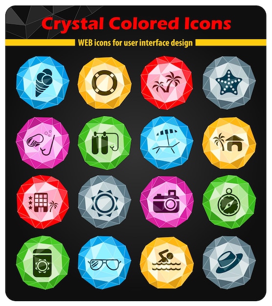 Iconos de cristales de colores brillantes de playa
