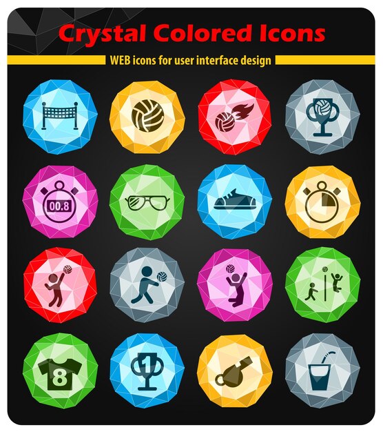 Iconos de cristales de colores brillantes de voleibol
