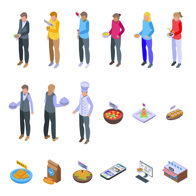 Iconos de crítico de comida conjunto vector isométrico Comida de restaurante