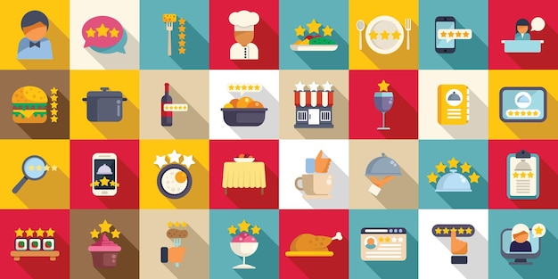 Los íconos de los críticos de comida establecen un vector plano Revisión social de alimentos Experto en críticos de cocina