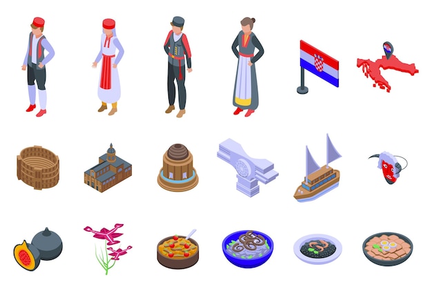 Iconos de Croacia establecer vector isométrica Split zagreb