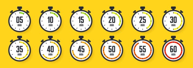 Iconos de cronómetro colorido cronómetro sencillo contador de tiempo con reloj de cuenta atrás que muestra horas y