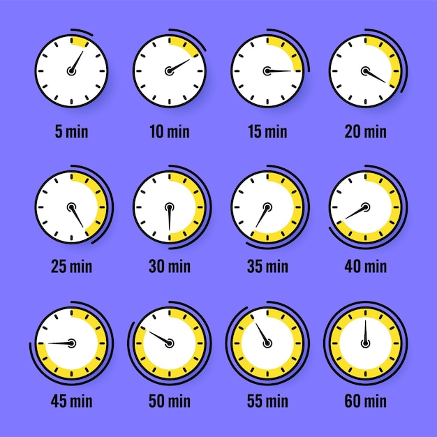 Iconos de cronómetro colorido cronómetro sencillo contador de tiempo con reloj de cuenta atrás que muestra horas y