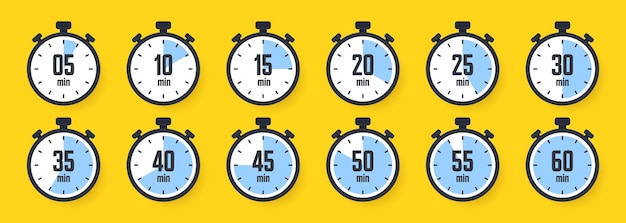 Iconos de cronómetro colorido cronómetro sencillo contador de tiempo con reloj de cuenta atrás que muestra horas y