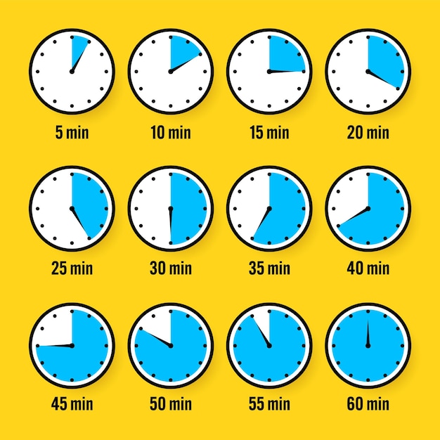Iconos de cronómetro colorido cronómetro simple contador de tiempo con marcador contador regresivo que muestra horas y minutos medición de fecha límite para el deporte etiqueta de tiempo de cocción ilustración vectorial