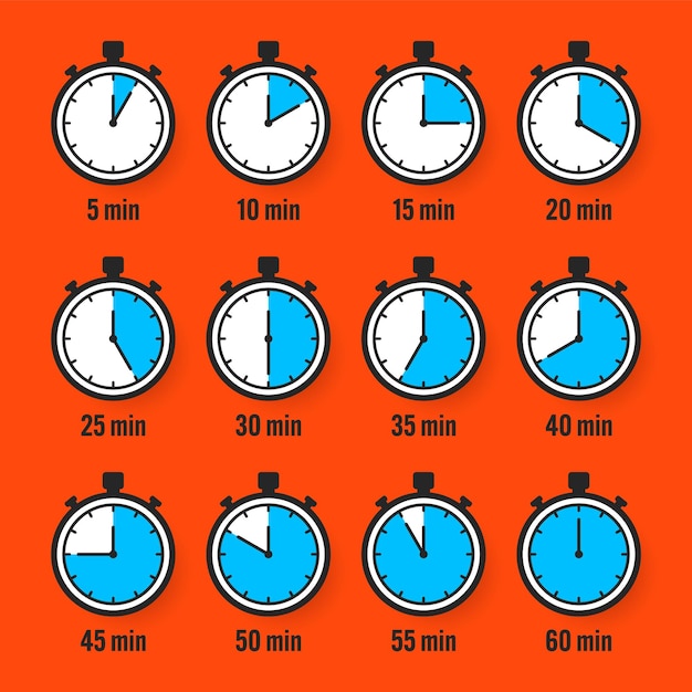 Iconos de cronómetro colorido cronómetro simple contador de tiempo con marcador contador regresivo que muestra horas y minutos medición de fecha límite para el deporte etiqueta de tiempo de cocción ilustración vectorial