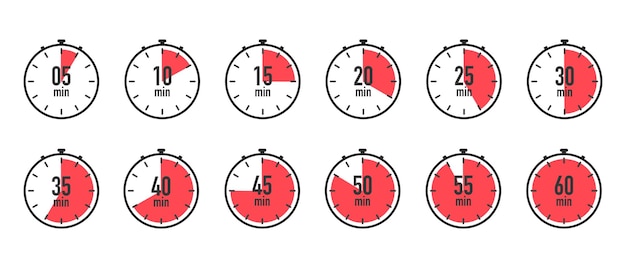 Iconos del cronómetro del reloj minutos del reloj de 5 a 60 contador regresivo tiempo de entrega que significa relojes deportivos