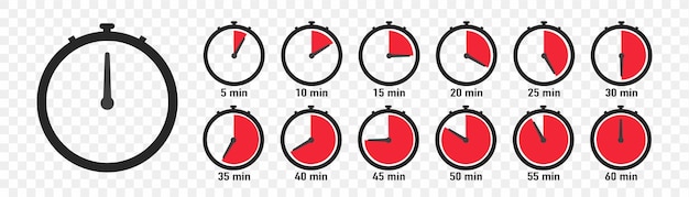 Iconos de cronómetro Temporizador de cuenta regresiva para cocinar Reloj deportivo con hora roja que significa de 5 a 60