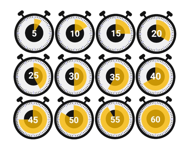 Vector los iconos del cronómetro del temporizador se establecen en 10 20 30 40 50 60 segundos tiempo de cocción