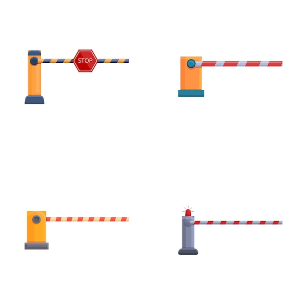 Iconos de cruce ferroviario conjunto vector de dibujos animados Barrera ferroviaria abierta y cerrada