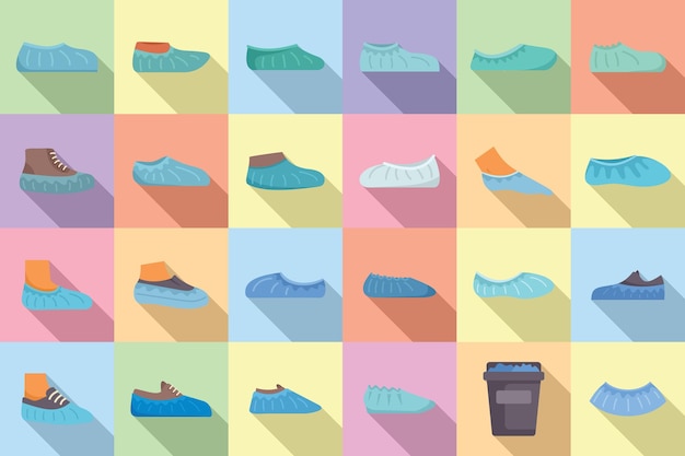Iconos de cubiertas de zapatos set vector plano Protección de calzado Zapato limpio
