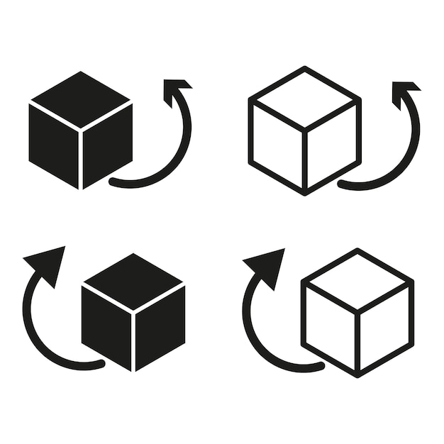 Iconos de cubos giratorios en blanco y negro Símbolos 3D vectoriales Rotación geométrica