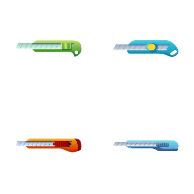 Iconos de cuchillos de papelería conjunto vector de dibujos animados herramienta de corte de plástico para la oficina