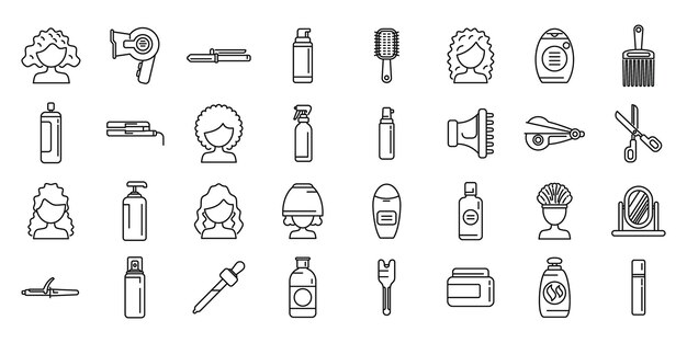 Los iconos de cuidado del cabello rizado establecen vector de contorno