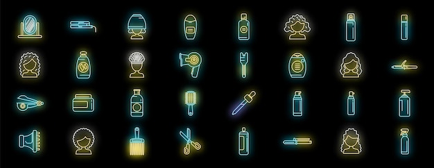 Iconos de cuidado del cabello rizado con neón vectorial