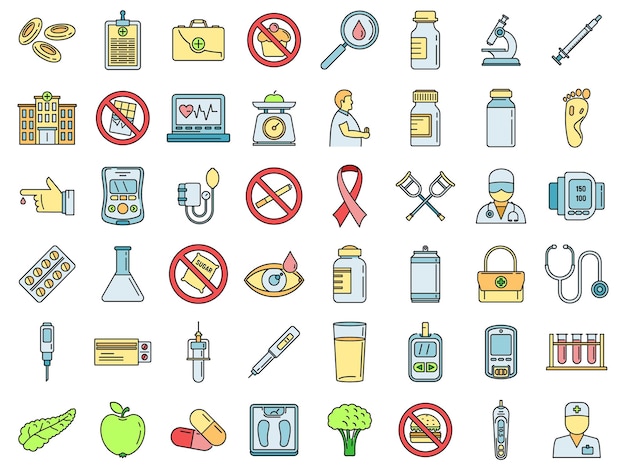 Los iconos de cuidado de la diabetes establecen el color del vector