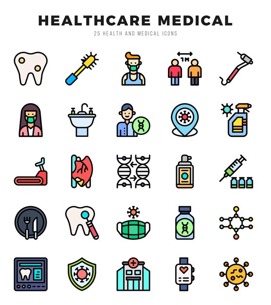 Vector iconos de cuidado médico de la salud envase lineal conjunto de iconos de colores de cuidado medico de la salud