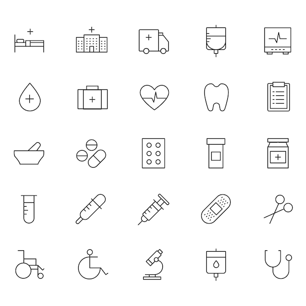Iconos de cuidado de la salud de la línea de arte Vector Estetoscopio cardíaco píldora Iconos del kit médico del hospital