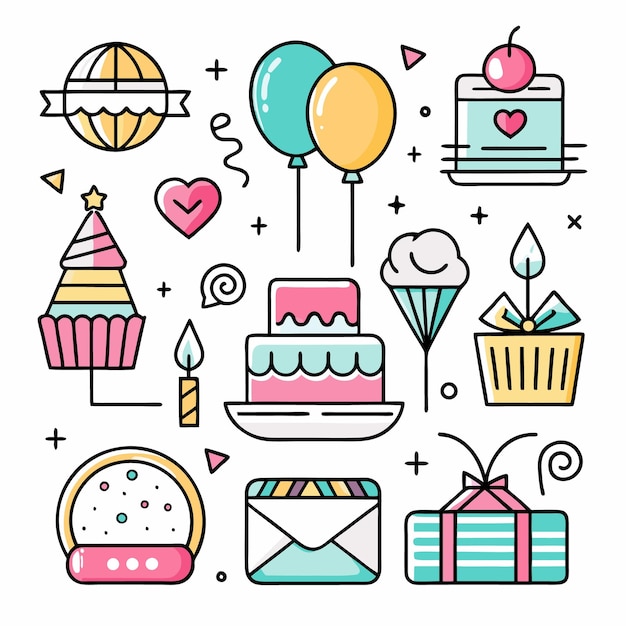 Iconos de cumpleaños con bolos de pastel, regalos y pasteles.