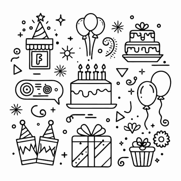 Iconos de cumpleaños dibujados a mano con sombreros de fiesta, globos, regalos, pasteles y confeti.