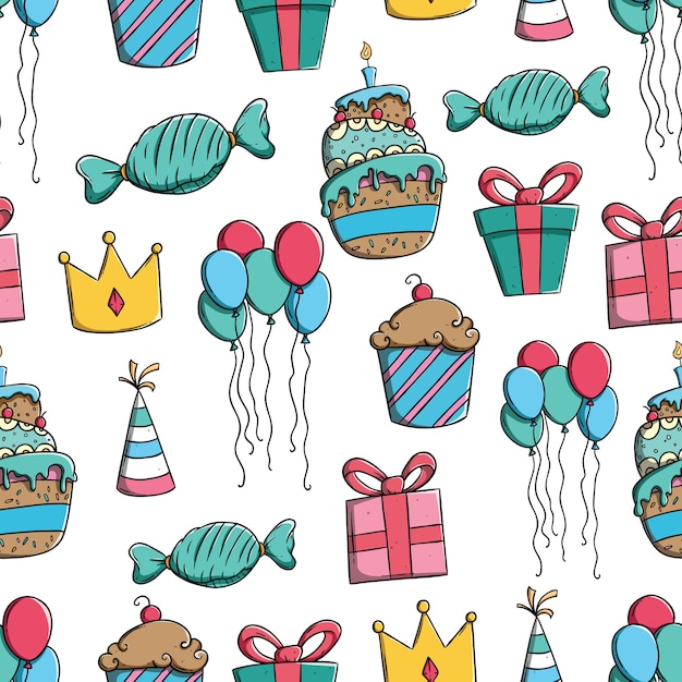 iconos de cumpleaños lindo o elementos en patrones sin fisuras con doodle art