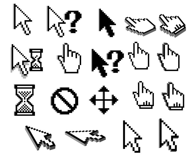 Vector iconos de cursor gráfico pixelado de flechas, manos del ratón, signos de interrogación, relojes de arena