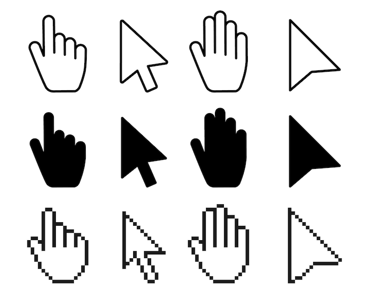 Vector iconos de cursor de puntero flechas web de computadora cursores de mouse y selección de cursor de puntero de línea de clic puntero de mano de píxel mano flecha logo vector conjunto de iconos aislados