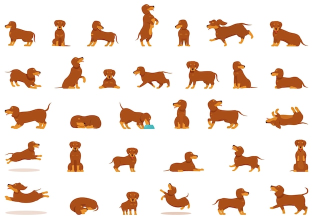 Iconos de Dachshund en conjunto vector de dibujos animados Animal de perro Feliz mascota linda sentada