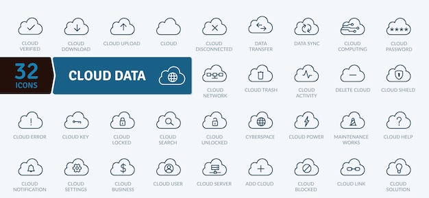 Iconos de datos en la nube Almacenamiento digital y servicios de red