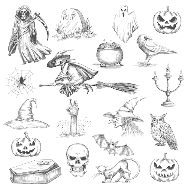 Iconos decorativos del bosquejo de la fiesta de halloween