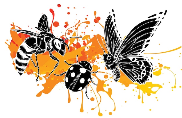 Iconos decorativos de colores de insectos con ilustración
