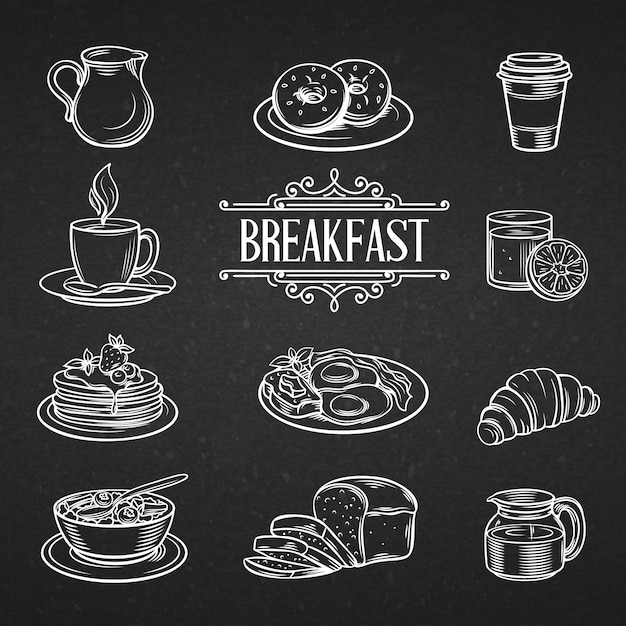 Iconos decorativos dibujados a mano alimentos para el desayuno