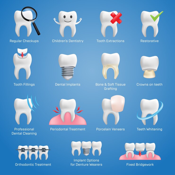 Iconos dentales con diferentes elementos para diversos servicios de sitios web