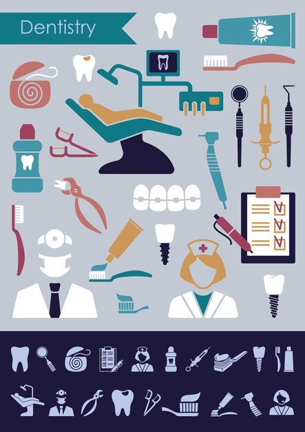Iconos dentales en estilo plano vintage Ilustración vectorial