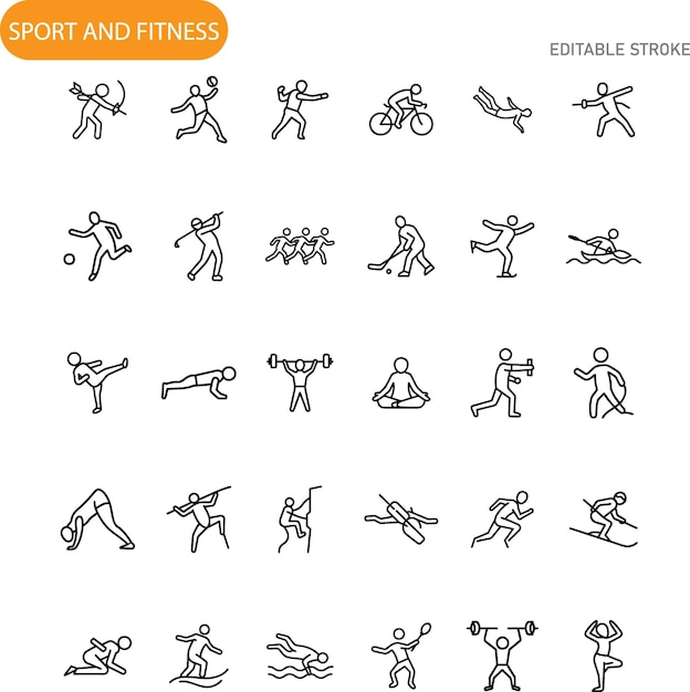 Iconos de deporte y acondicionamiento físico Diversas actividades Gráficos de trazo editables