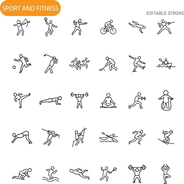 Iconos de deporte y acondicionamiento físico Diversas actividades Gráficos de trazo editables