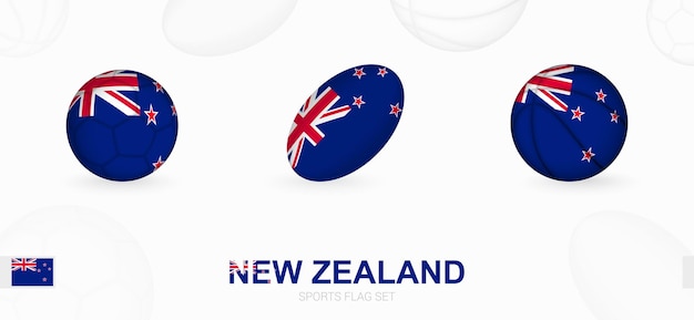 Iconos deportivos de fútbol, rugby y baloncesto con la bandera de Nueva Zelanda.