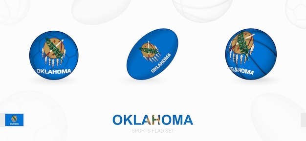 Iconos deportivos de fútbol, rugby y baloncesto con la bandera de oklahoma.