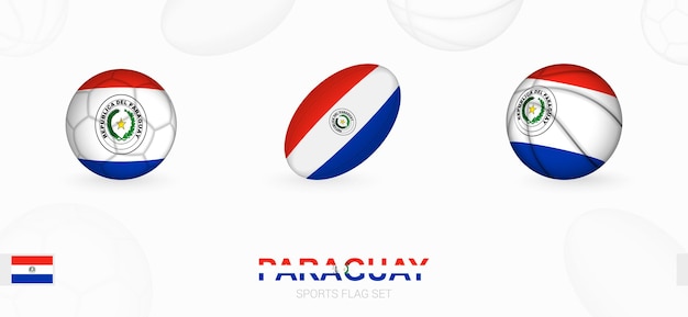 Iconos deportivos de fútbol, rugby y baloncesto con la bandera de paraguay.