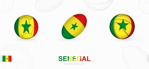 Iconos deportivos de fútbol, rugby y baloncesto con la bandera de senegal.