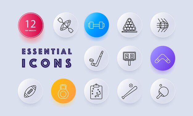 Iconos deportivos Plano de marcador de estadio de fútbol americano Plano de boomerang de béisbol Hockey Kettlebell Gradiente Recreación activa Estilo de vida saludable Concepto de disciplinas deportivas Estilo de neomorfismo