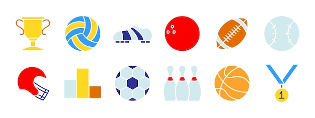 Iconos deportivos Trofeo de voleibol fútbol cleat bola de bolos fútbol casco de béisbol podio bola de fútbol bolos de bolos medalla de baloncesto Conceptos deportivos y de competencia