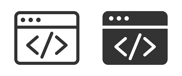 Iconos de desarrollo y codificación web en estilos oscuros y claros con ventanas de navegador y etiquetas HTML Ilustración vectorial