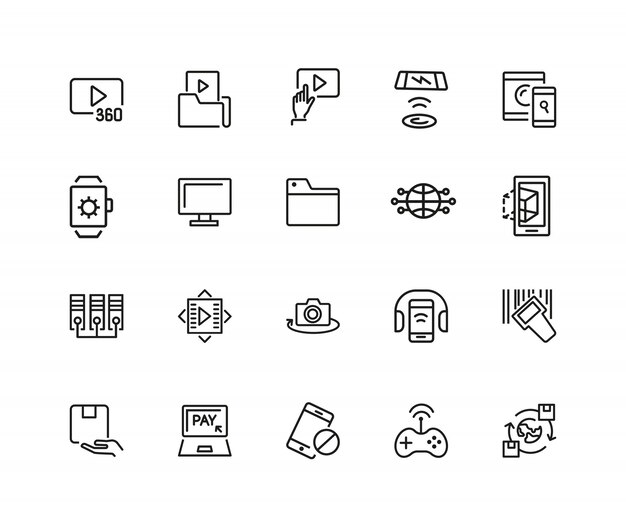 Iconos de descubrimiento. Conjunto de iconos de veinte líneas. Contenido de video, intercambio de datos, servicio en línea.