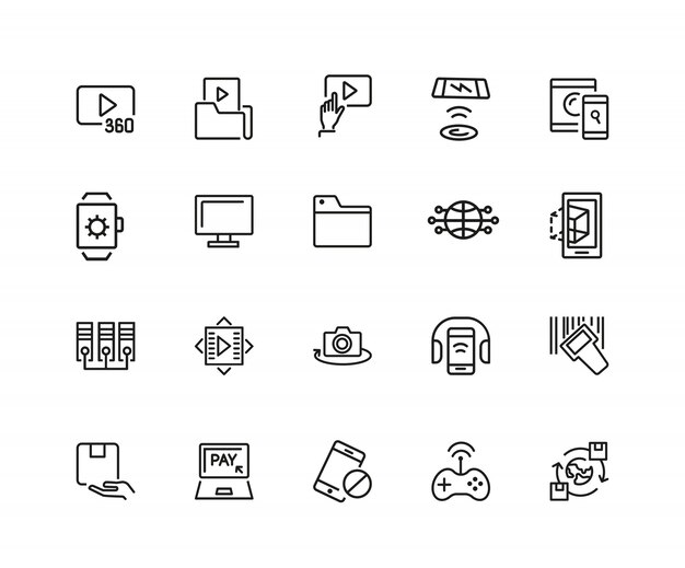 Iconos de descubrimiento. conjunto de iconos de veinte líneas. contenido de video, intercambio de datos, servicio en línea.