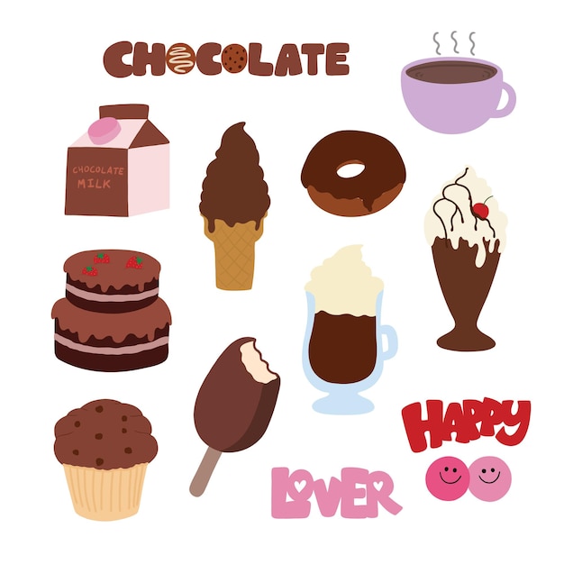 Iconos del día del chocolate, incluida la caja de leche con chocolate caliente, helado, pastel de rosquilla, batido de magdalenas