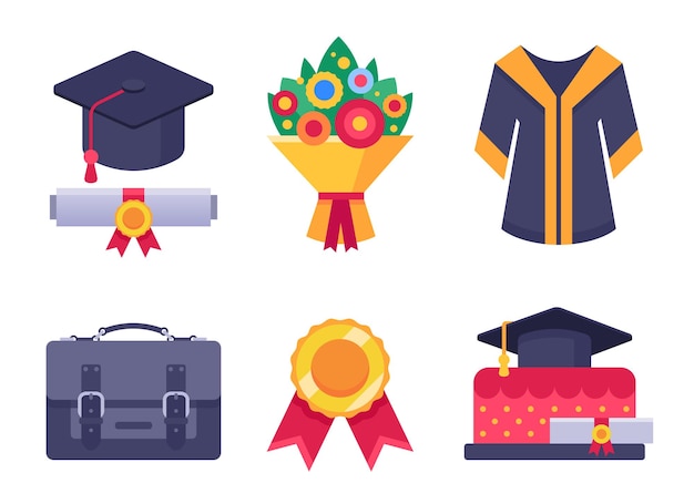 Iconos del día de graduación Estudiantes graduados universitarios o escolares accesorios toga y birrete de graduación para diploma universitario y ramo de flores conjunto de vectores aislados Elementos de dibujos animados para el aprendizaje