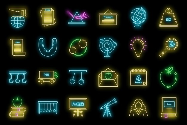 Los íconos del día mundial de Newton establecen el neón vectorial